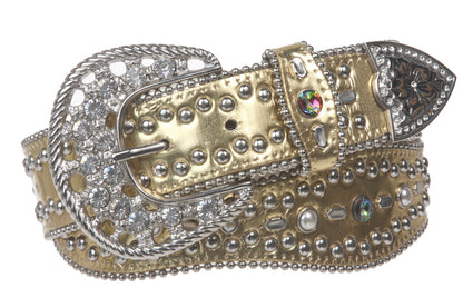 Snap On Western Rhinestone Leather Studded Belt