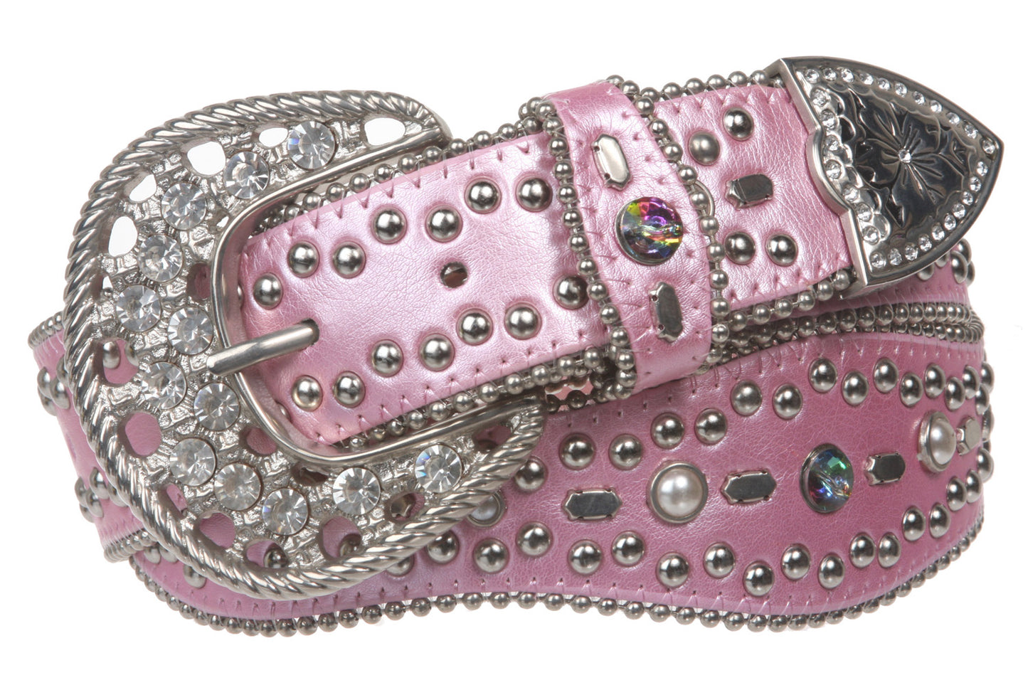 Snap On Western Rhinestone Leather Studded Belt