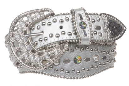 Snap On Western Rhinestone Leather Studded Belt