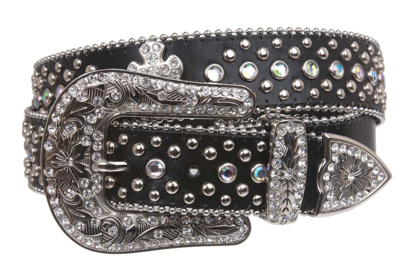 Western Rhinestone Silver Circle Studs and Cross Decoration Leather Belt