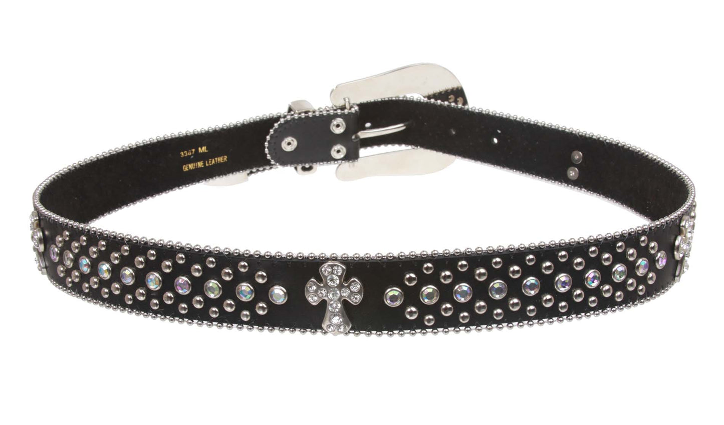 Western Rhinestone Silver Circle Studs and Cross Decoration Leather Belt