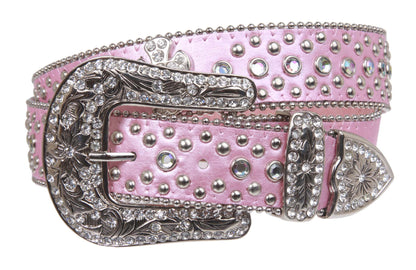 Western Rhinestone Silver Circle Studs and Cross Decoration Leather Belt