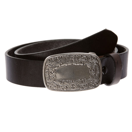 Snap On Leather Jean Belt with Western Fancy Scroll Engraving Oval Buckle