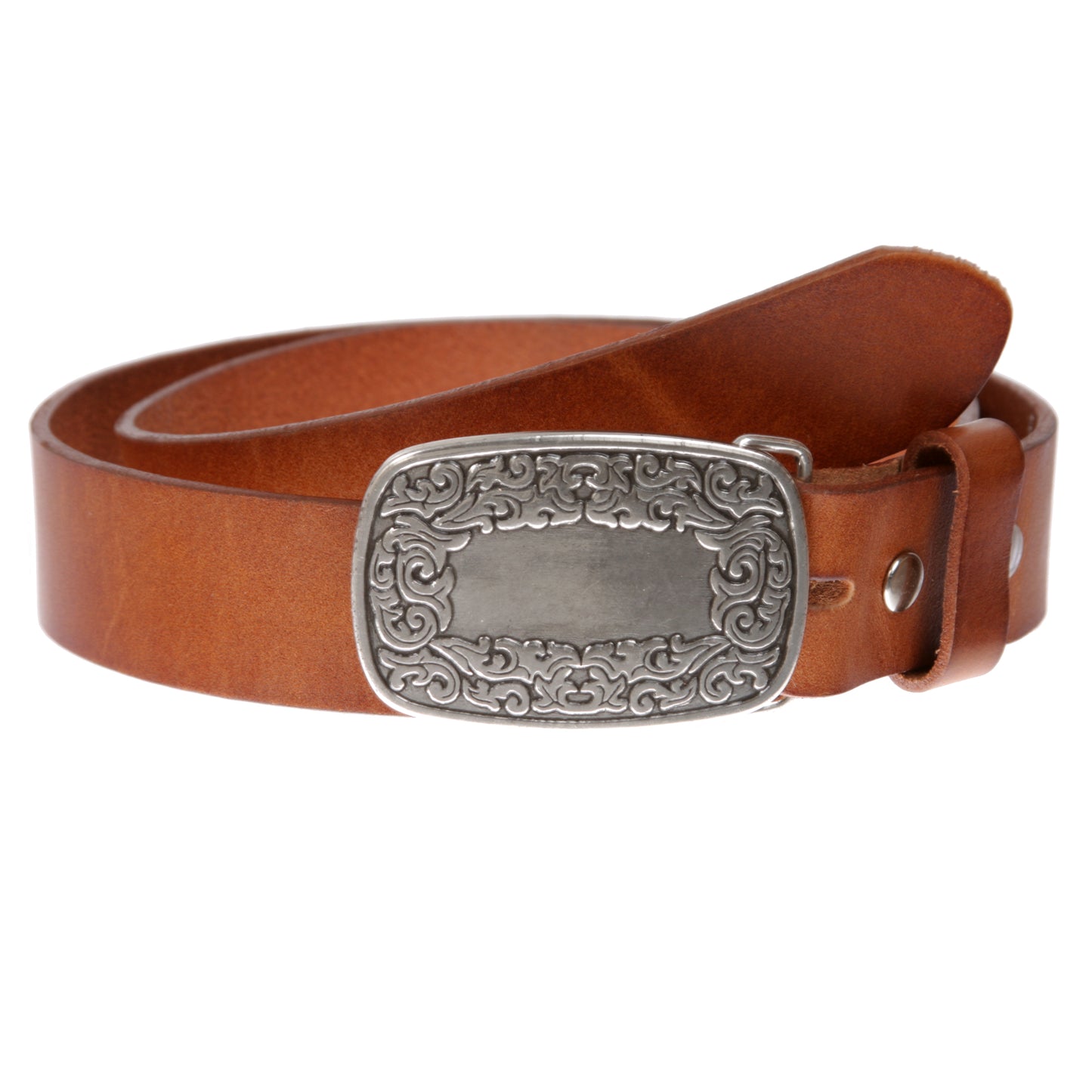 Snap On Leather Jean Belt with Western Fancy Scroll Engraving Oval Buckle