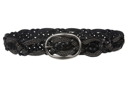 Women's 1 3/4" (45 mm) Braided Weave Leather Belt with Chain Detail