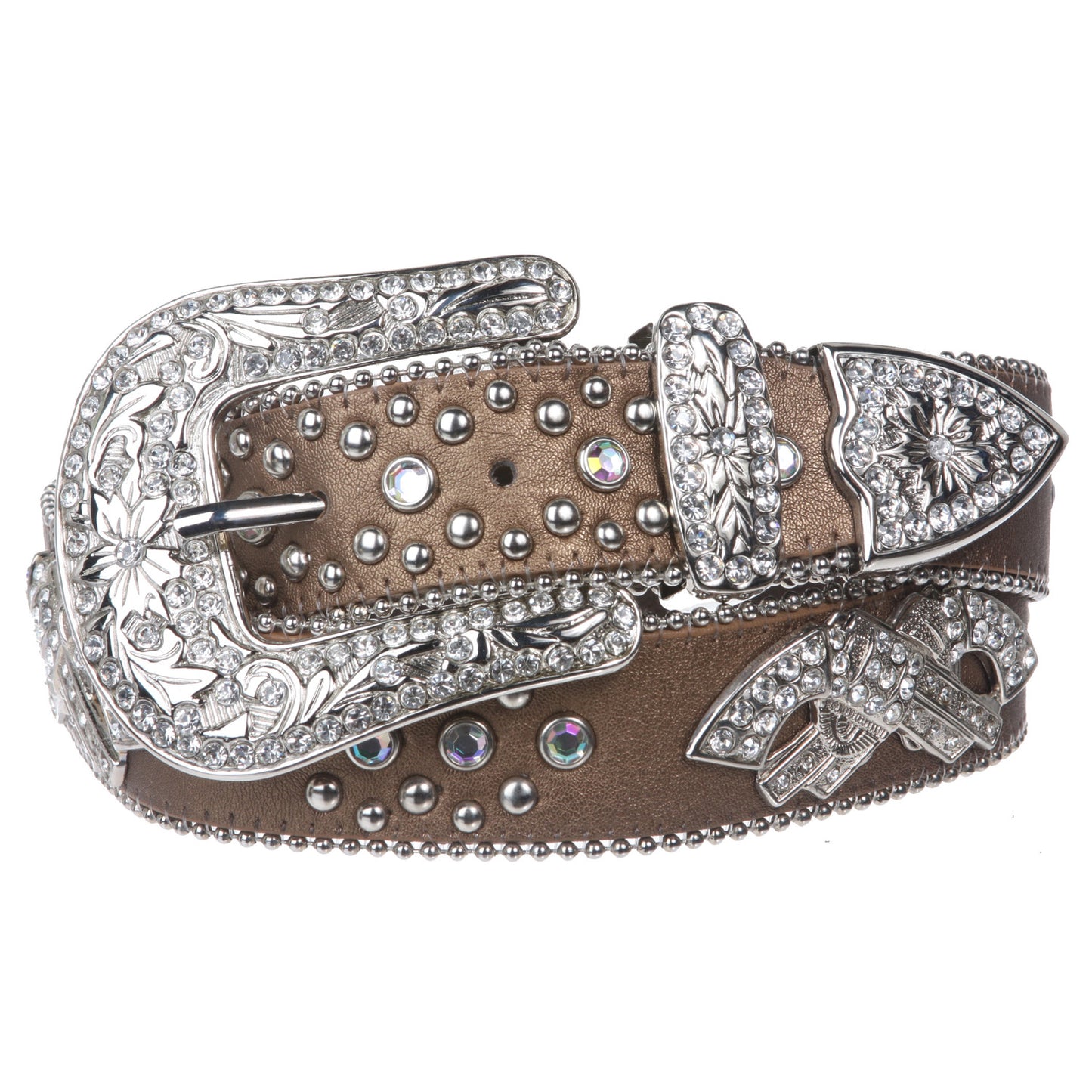 Western Rhinestone Double Gun Ornaments Studded Genuine Leather Belt