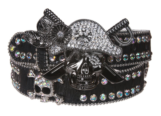 Western Rhinestone Pirate Skull Cross Bone Genuine Leather Belt