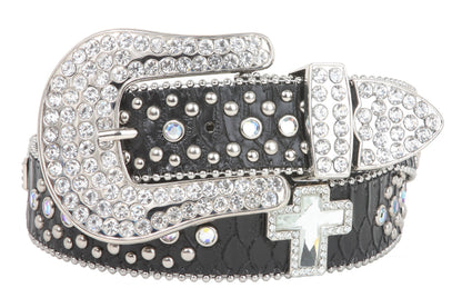 Snap On Rhinestone Cross Silver Circle Studded Snake Print Genuine Leather Belt