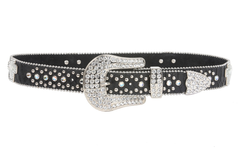 Snap On Rhinestone Cross Silver Circle Studded Snake Print Genuine Leather Belt