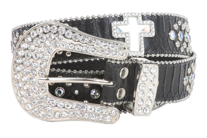 Snap On Rhinestone Cross Silver Circle Studded Snake Print Genuine Leather Belt