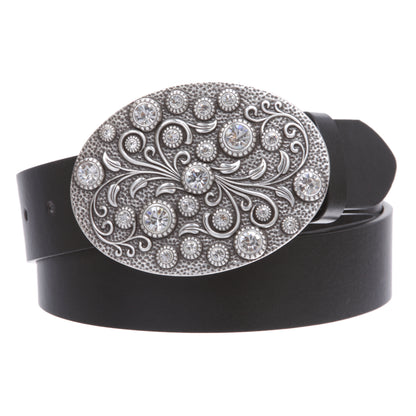 Snap on Bonded Leather Belt with Rhinestone Oval Flower Buckle