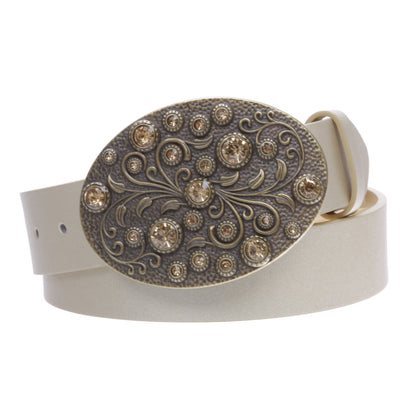 Snap on Bonded Leather Belt with Rhinestone Oval Flower Buckle