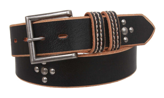 1 1/2" Silver Studded Full Grain Leather Casual Belt