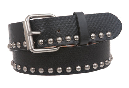 Snap on Snake Print Metal Circle Studded Leather Belt