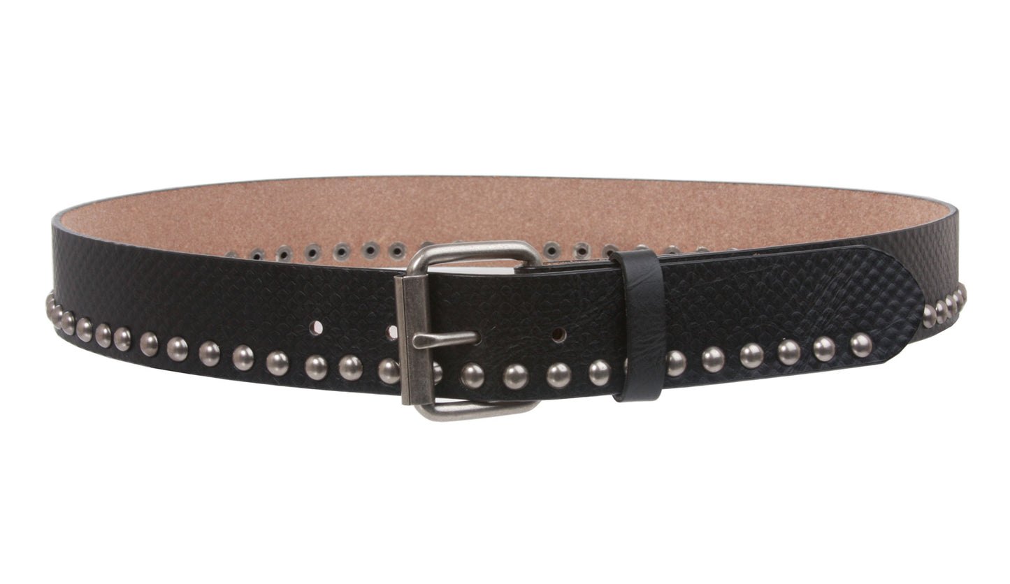 Snap on Snake Print Metal Circle Studded Leather Belt