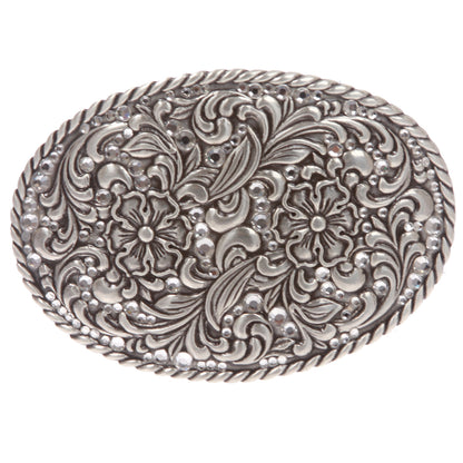 Western Silver Rose Filigree with Rhinestones Oval Belt Buckle