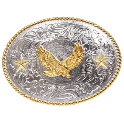 Western Cowboy Silver Buckle with Gold Soaring Eagle Leather Belt