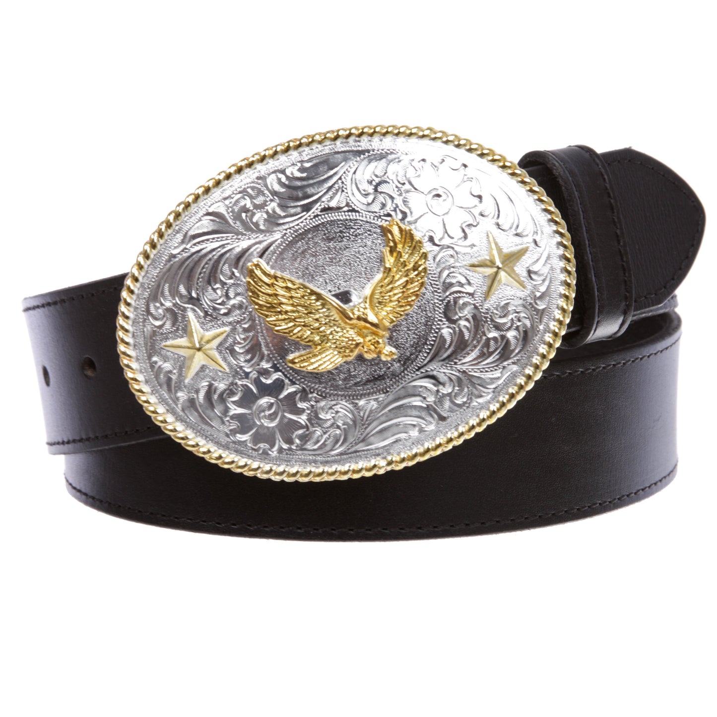 Western Cowboy Silver Buckle with Gold Soaring Eagle Leather Belt