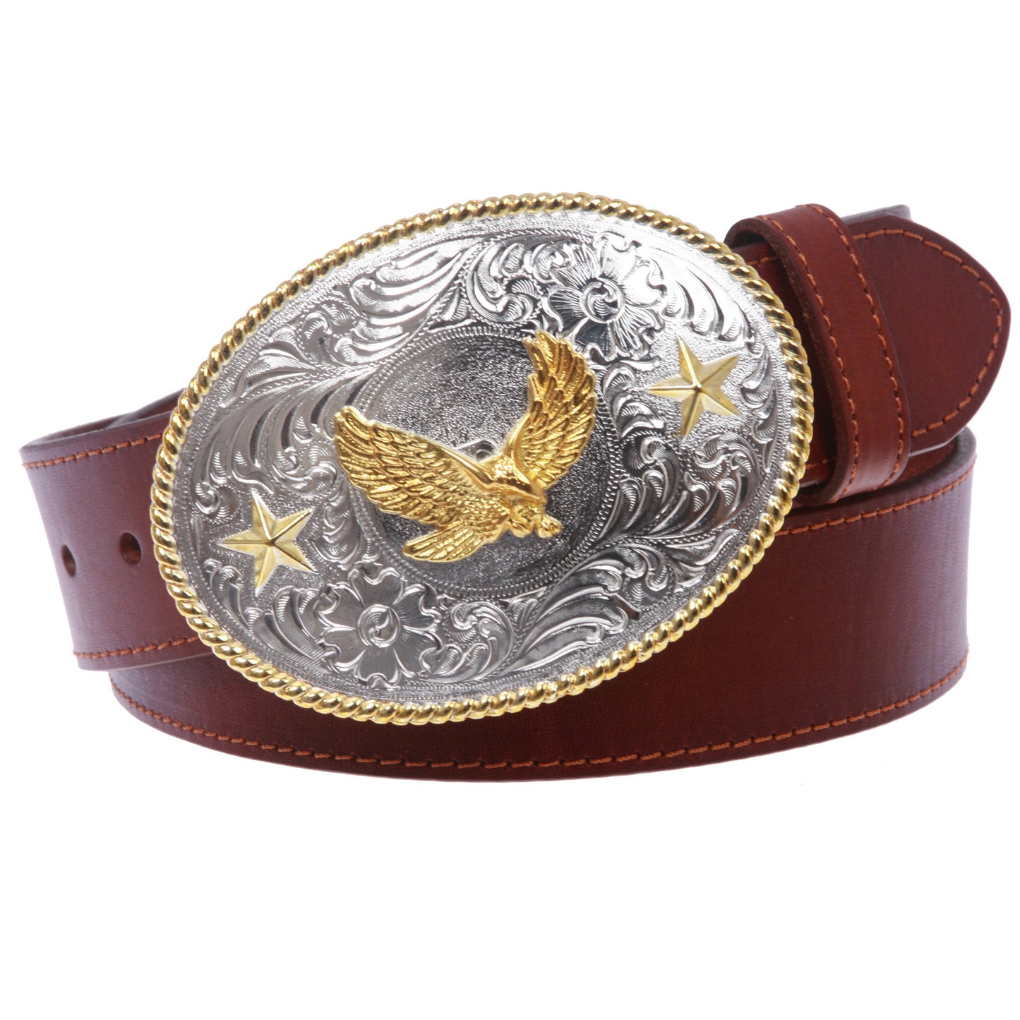 Western Cowboy Silver Buckle with Gold Soaring Eagle Leather Belt