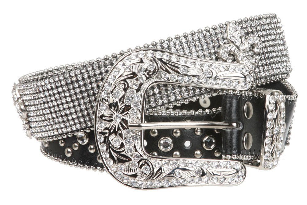 Snap on Western Cowgirl Rhinestone Fleur De Lis Leather Belt