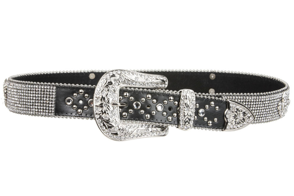 Snap on Western Cowgirl Rhinestone Fleur De Lis Leather Belt