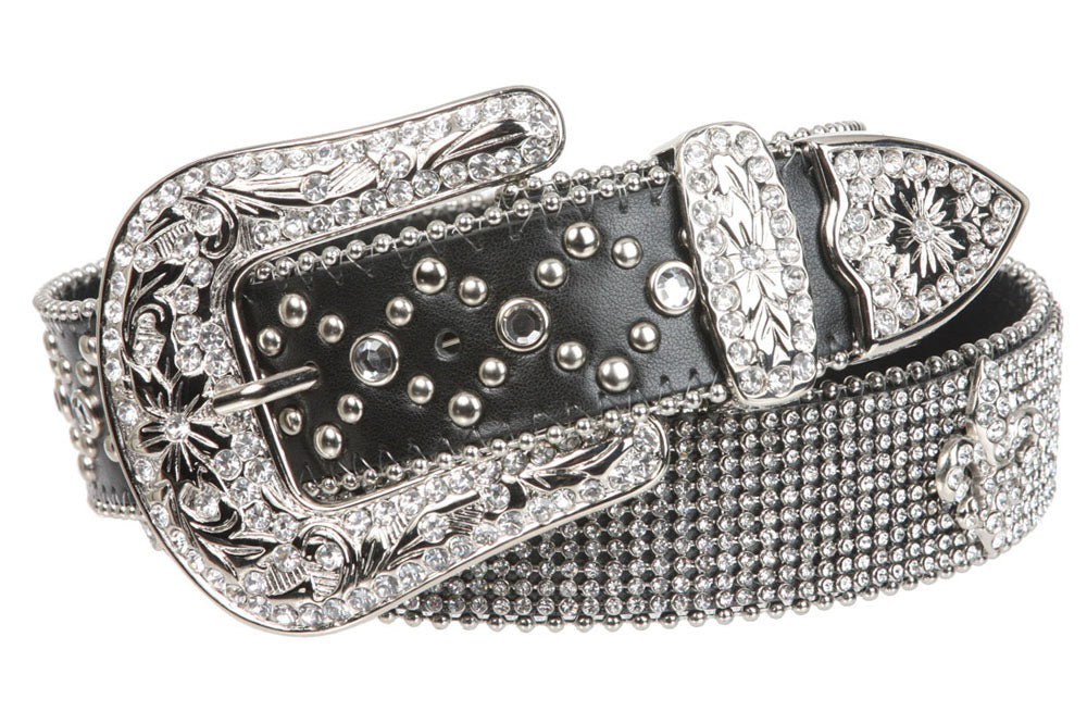 Snap on Western Cowgirl Rhinestone Fleur De Lis Leather Belt