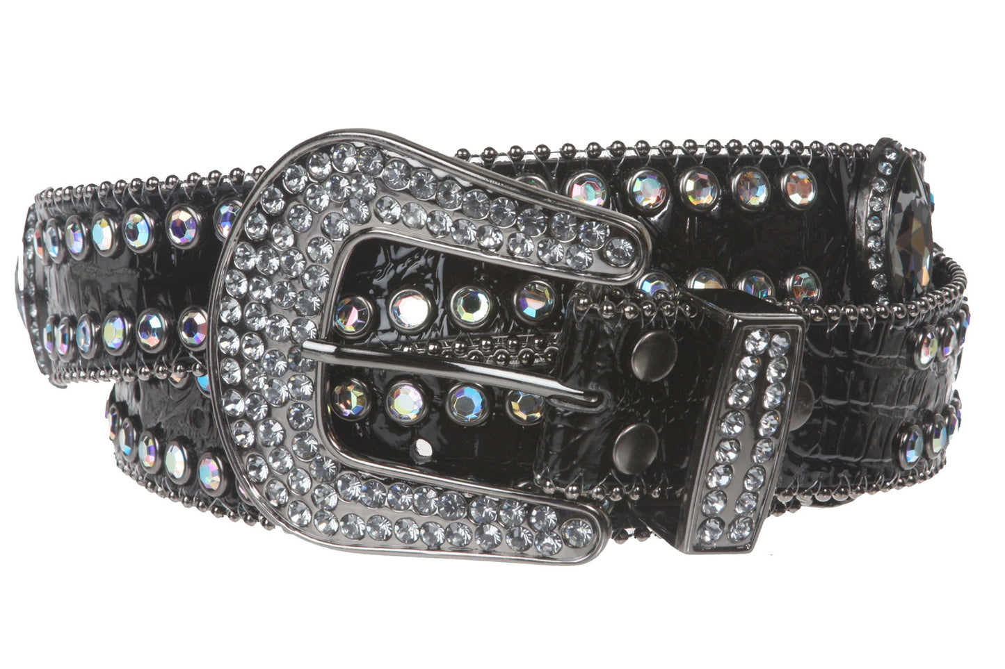 Snap On Western Rhinestone Cone Ornaments Croco Print Leather Belt