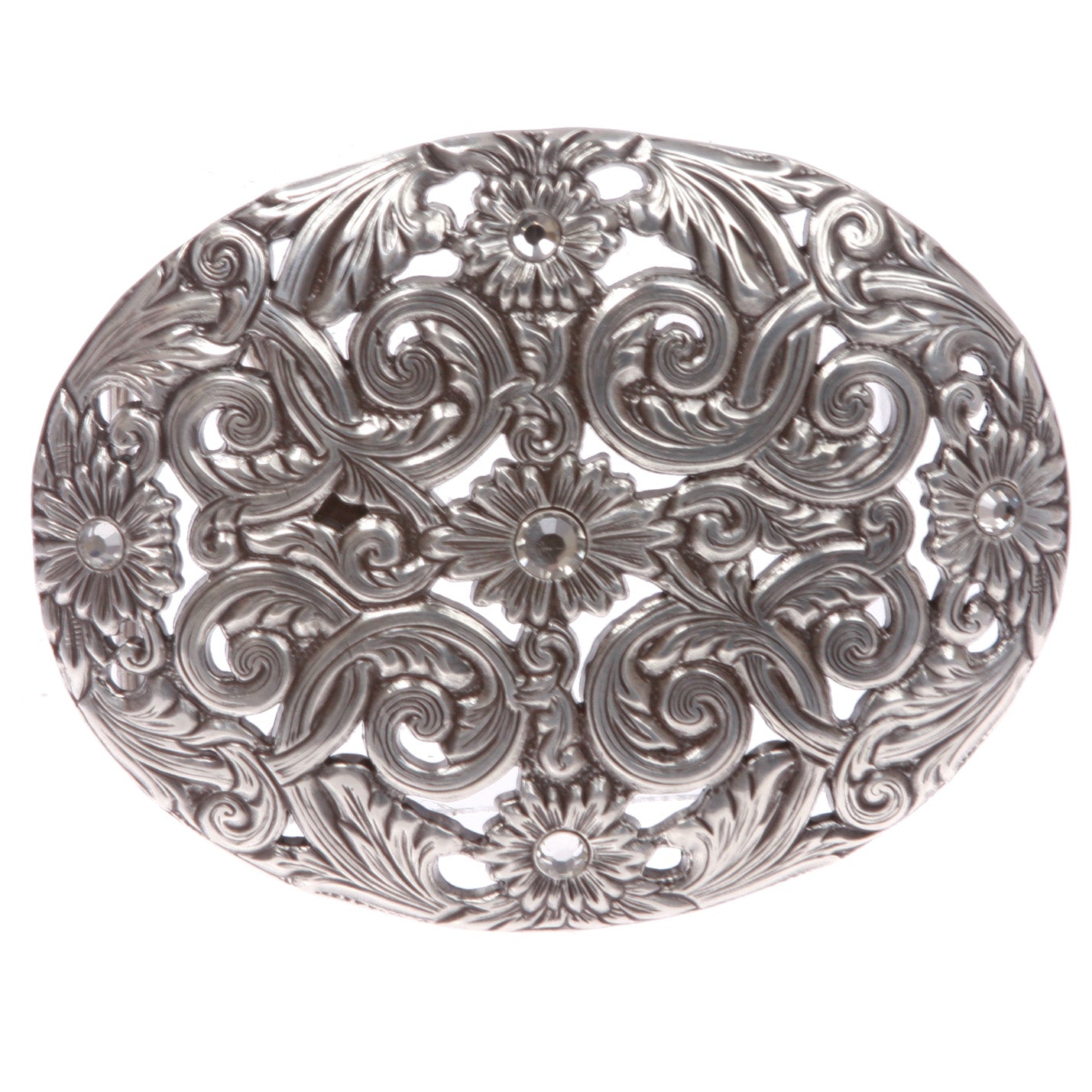 Western Rhinestone Silver Perforated Sunflower Filigree Oval Buckle