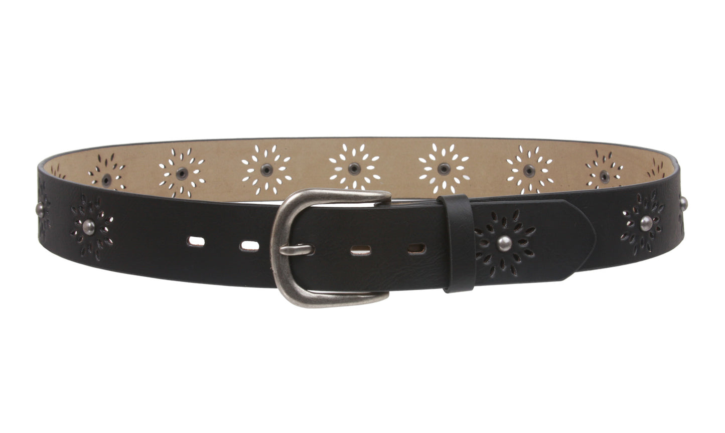 Women's Snap on Perforated Laser Cut Studded Leather Belt