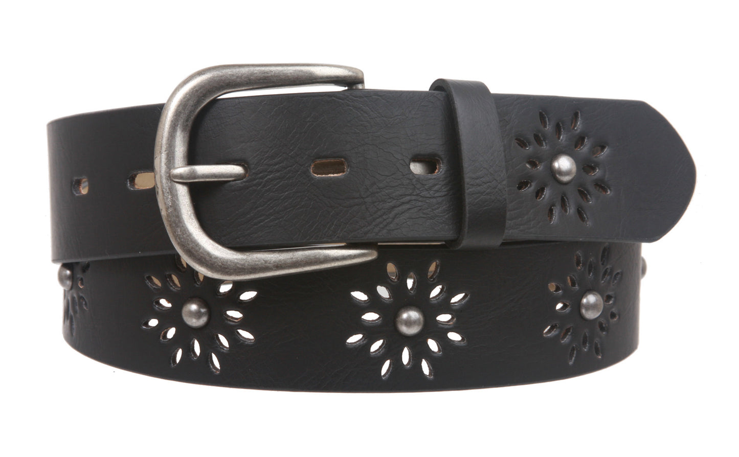 Women's Snap on Perforated Laser Cut Studded Leather Belt