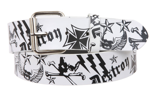 Snap On Pirate and Cross Bone White Pebble Print Leather Belt - Interchangeable buckle