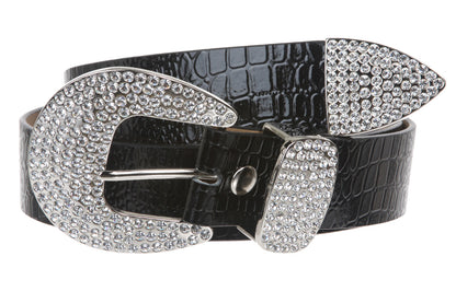 Womens Snap On Western Crocodile Print Rhinestone Leather Belt