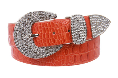 Womens Snap On Western Crocodile Print Rhinestone Leather Belt