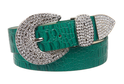 Womens Snap On Western Crocodile Print Rhinestone Leather Belt