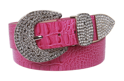 Womens Snap On Western Crocodile Print Rhinestone Leather Belt