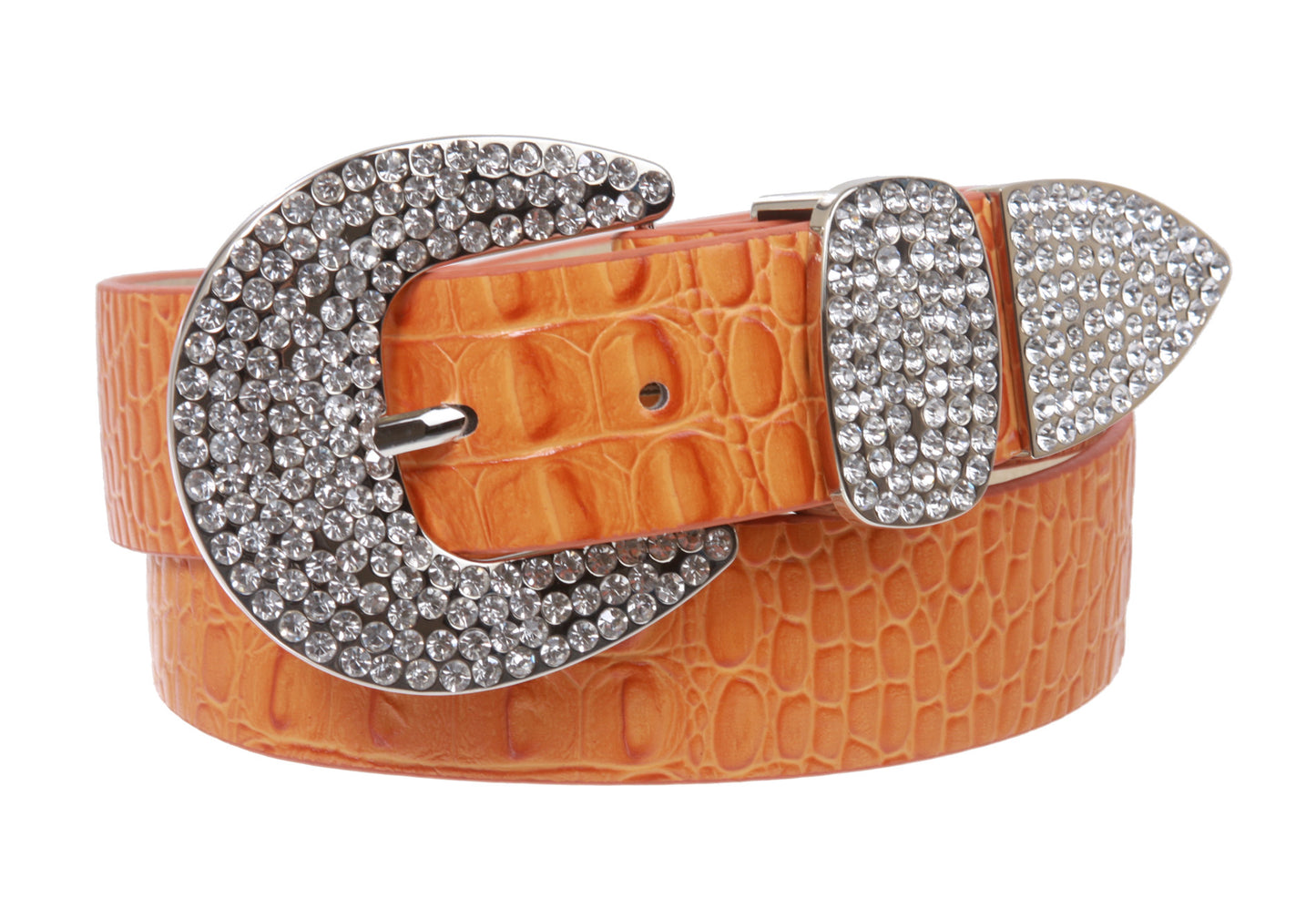 Womens Snap On Western Crocodile Print Rhinestone Leather Belt