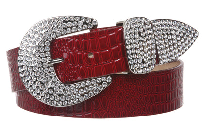 Womens Snap On Western Crocodile Print Rhinestone Leather Belt