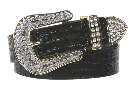 Ladies Snap On Western Alligator Rhinestone Leather Belt