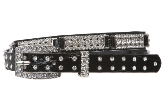 3/4" Skinny Rhinestone Faux Alligator Patent Leather Belt