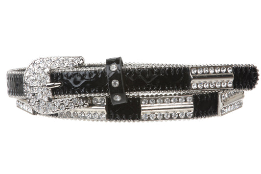 3/4" Skinny Rhinestone Faux Alligator Patent Leather Belt