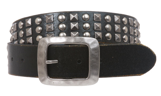 Snap on Three Row Punk Rock Star Antique Metal Studded Distressed Hammered Belt