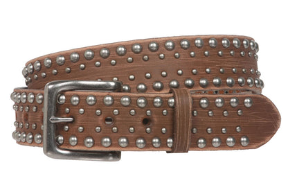 1 1/2" Snap on Antique Silver Circle Metal Studded Distressed Leather Belt