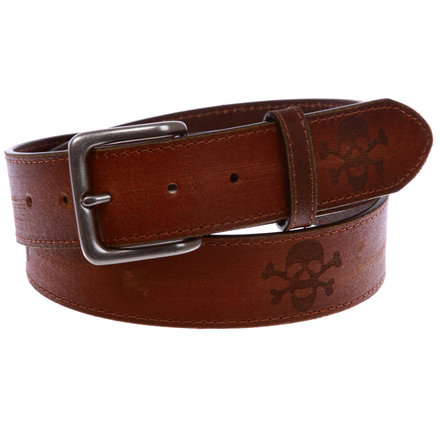 Vintage Stitching-Edged Distressed Embossed Skull & Cross Bones Leather Belt