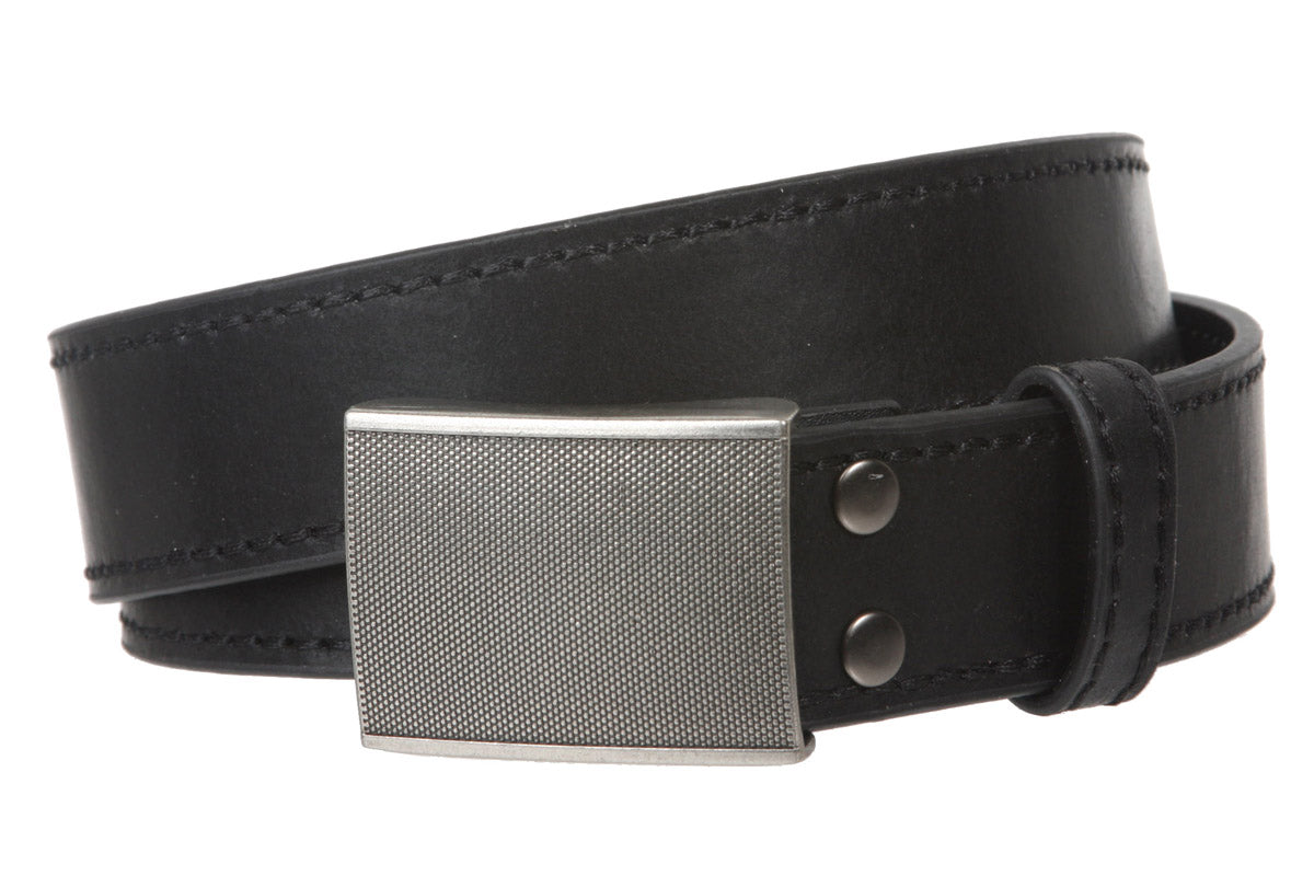 Men's Snap On 1 1/2" (38 mm) Leather Belt with Rectangular Gritty Looking Textured Belt Buckle