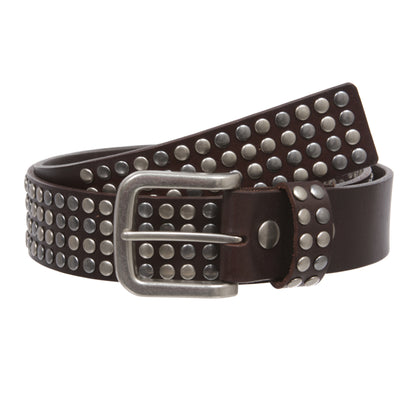 1 1/2" Snap on Antique Silver Circle Metal Studded Distressed Leather Belt