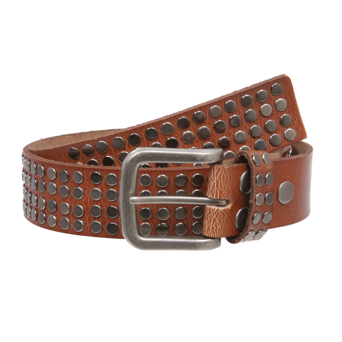 1 1/2" Snap on Antique Silver Circle Metal Studded Distressed Leather Belt