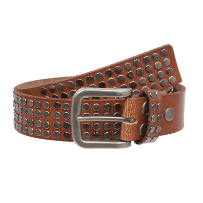 1 1/2" Snap on Antique Silver Circle Metal Studded Distressed Leather Belt