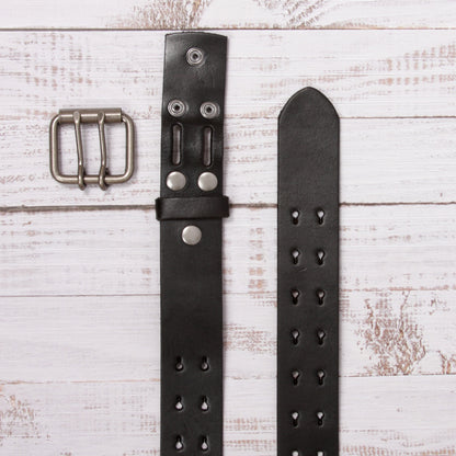 Snap On Double Prong Two Row Cut-out Holes Perforated Full Grain Leather Jean Belt