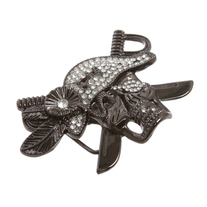 Gunmetal Pirate Skull Rhinestone Belt Buckle, 4.75"x3.25"