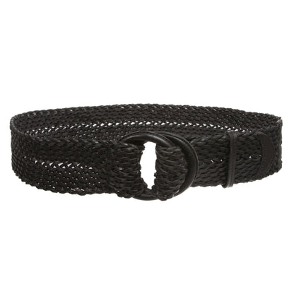 Women's 2 1/4" Wide Braided Genuine Leather Waist Belt with Double O-Ring Buckle for Dresses